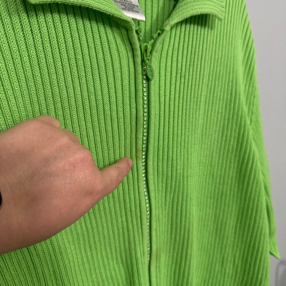 Vintage The Quacker Factory Bright Green Ribbed Full Zip Sweater Plus Size 2X - Picture 4 of 9